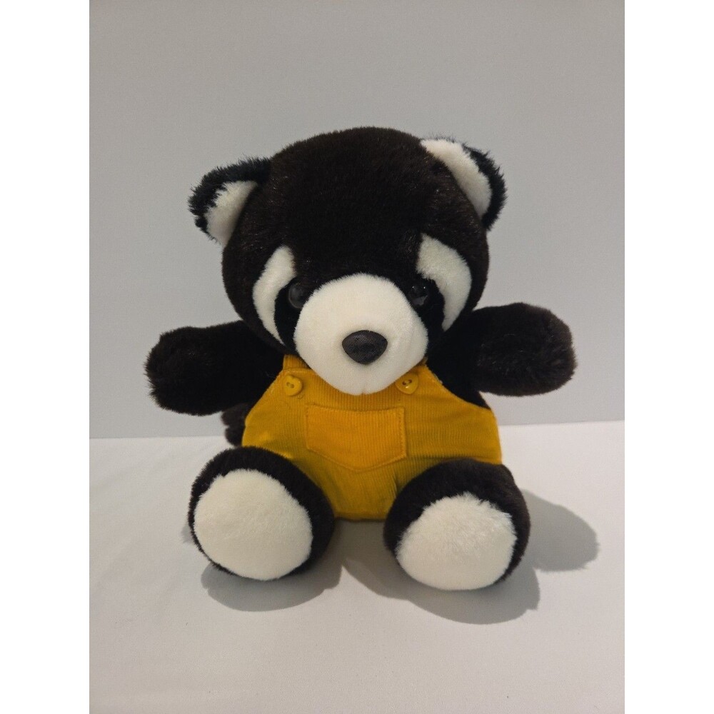 Vintage Mervyn's Playful Pals 10" Raccoon Yellow Overalls Plush Stuffed Animal